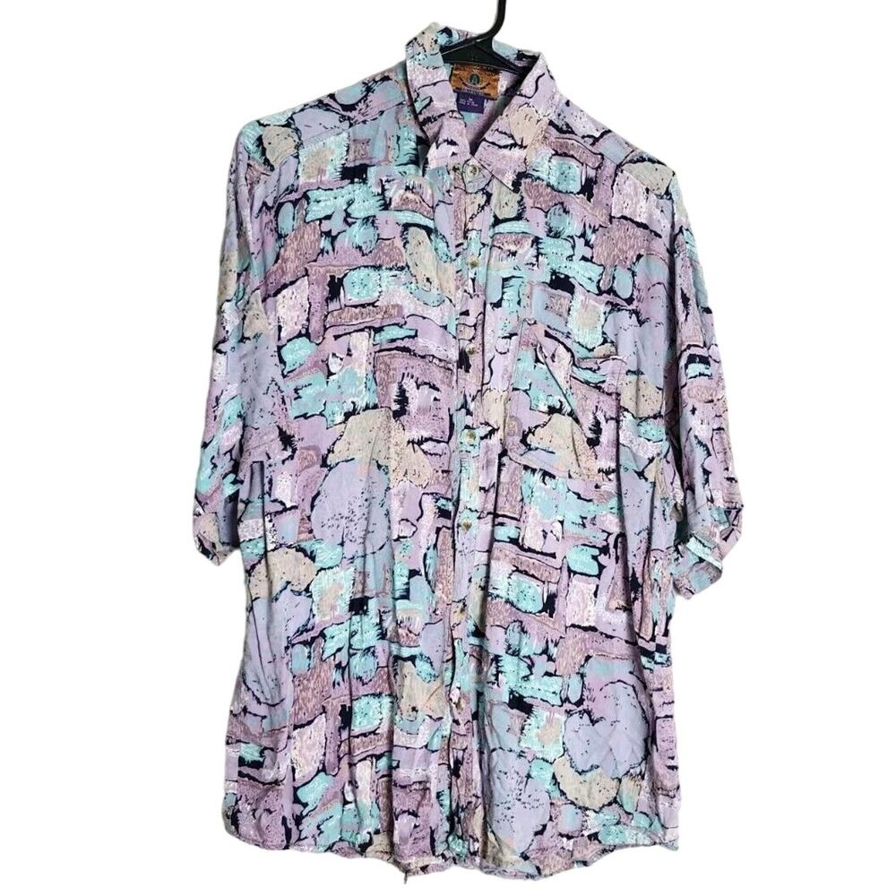 Vintage Annick Button Down Shirt Mens Medium Purple‎ Blue Hawaiian Style